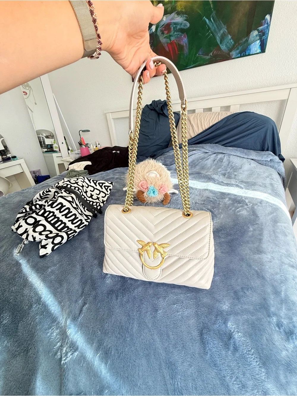 PINKO Love Bag Chevron Greige Leather Gold Chain Shoulder Bag